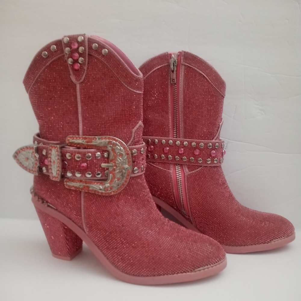 Dolls Kill sz 10M Pink Sharp Sheriff Shine Cowboy Boots ankle bootie Rhinestones